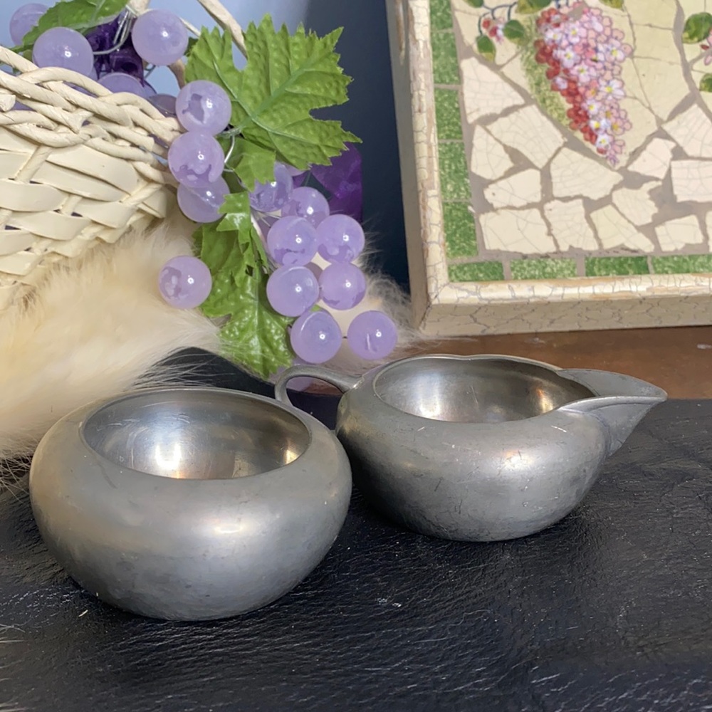 . Vintage Royal Holland Pewter Sugar Bowl & Creamer Set - KMD Tiel Metal Pewter